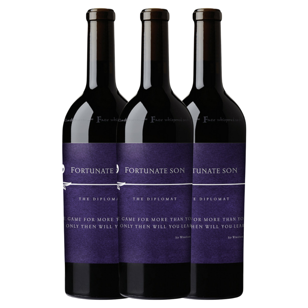 Three bottles of Fortunate Son wine with purple labels on a white background