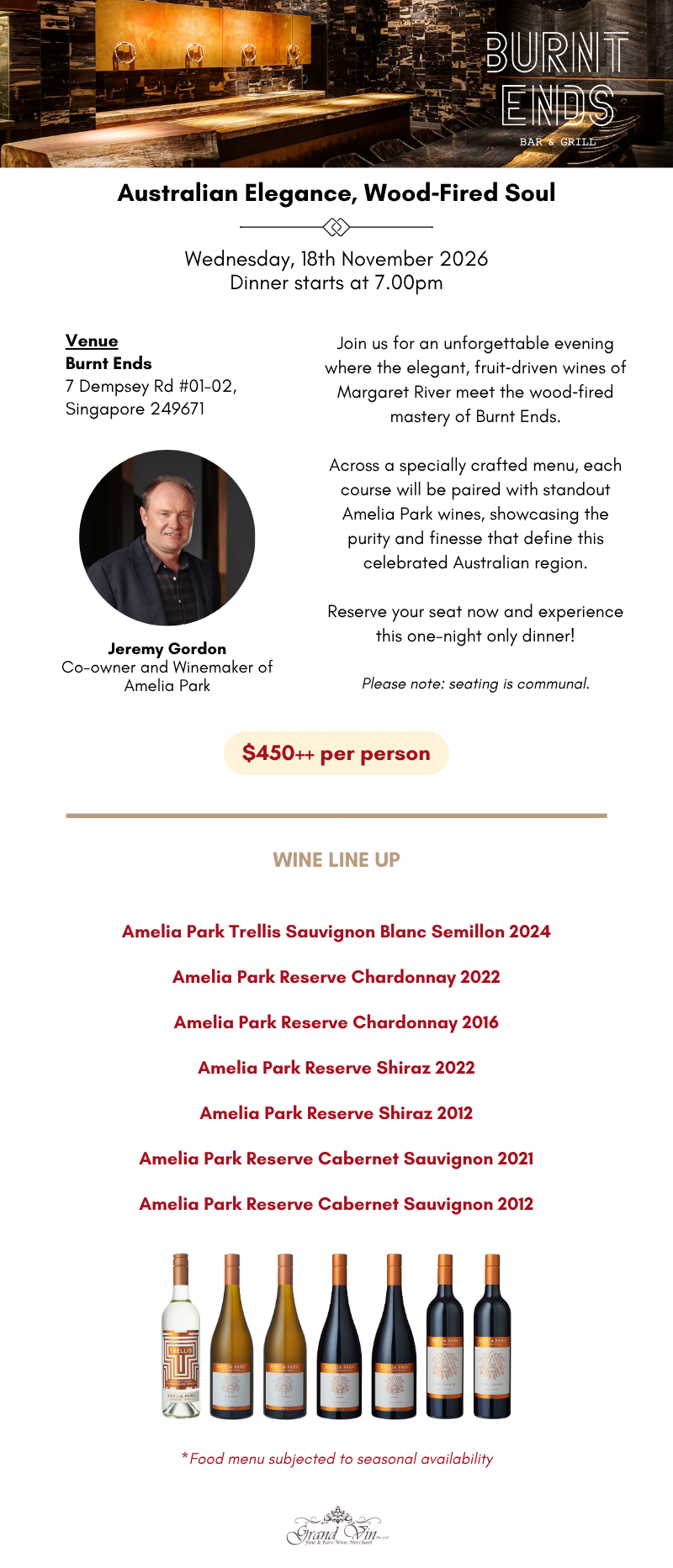[18 Nov] Australian Elegance, Wood‑Fired Soul Wine Dinner at Burnt Ends at Burnt Ends - Grand Vin Pte Ltd