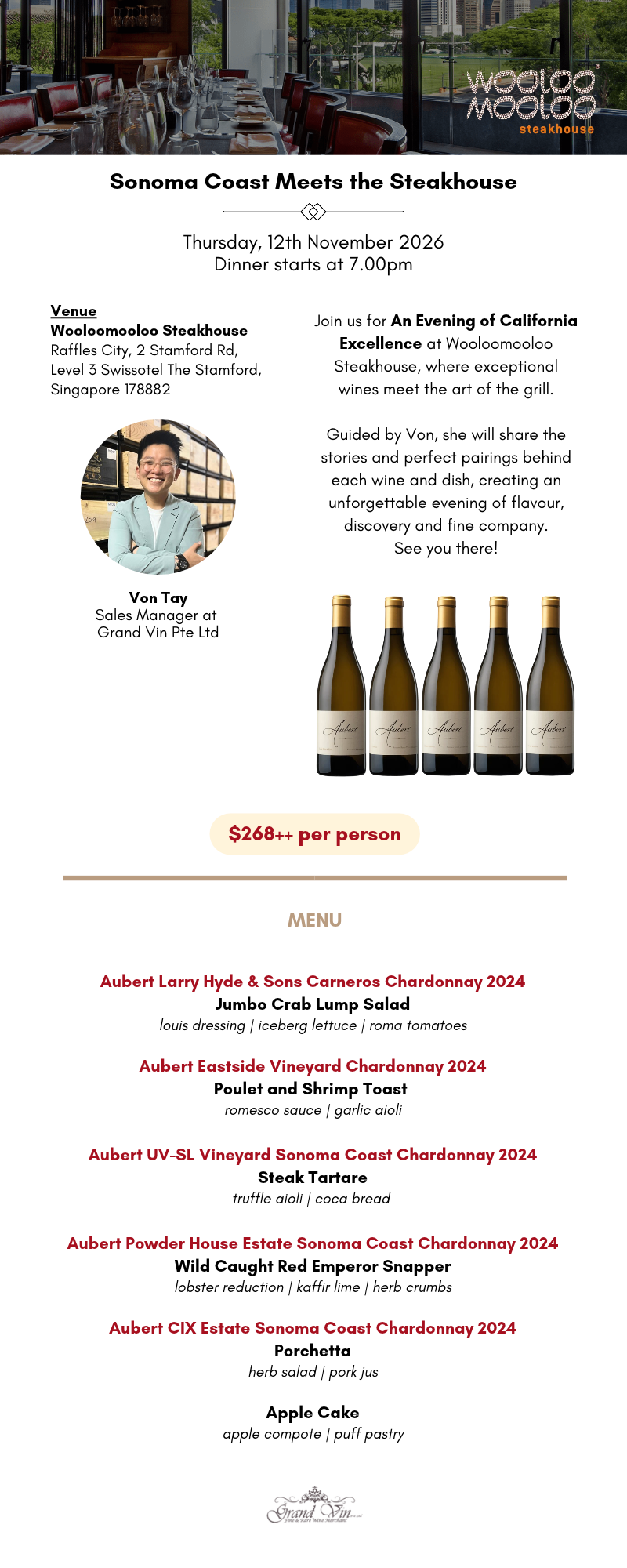 [12 Nov] Sonoma Coast Meets the Steakhouse - Aubert Wine Dinner at Wooloomooloo