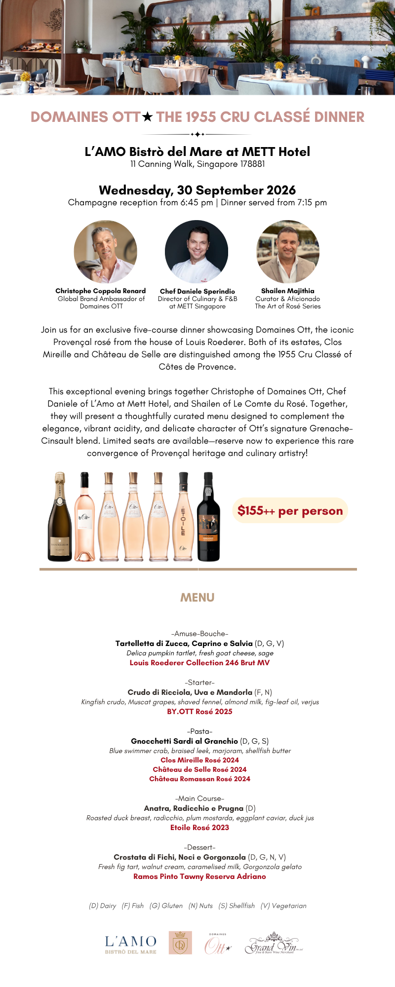 [30 Sep] DOMAINES OTT - The 1955 Cru Classé Dinner at L’AMO Bistrò del Mare, METT Hotel - Grand Vin Pte Ltd