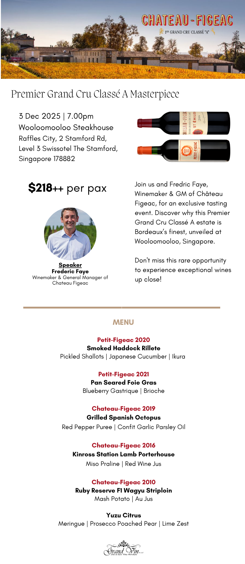 [3 Dec] Premier Grand Cru Classé A Masterpiece at Wooloomooloo Steakhouse Singapore - Grand Vin Pte Ltd