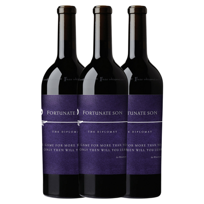 Three bottles of Fortunate Son wine with purple labels on a white background