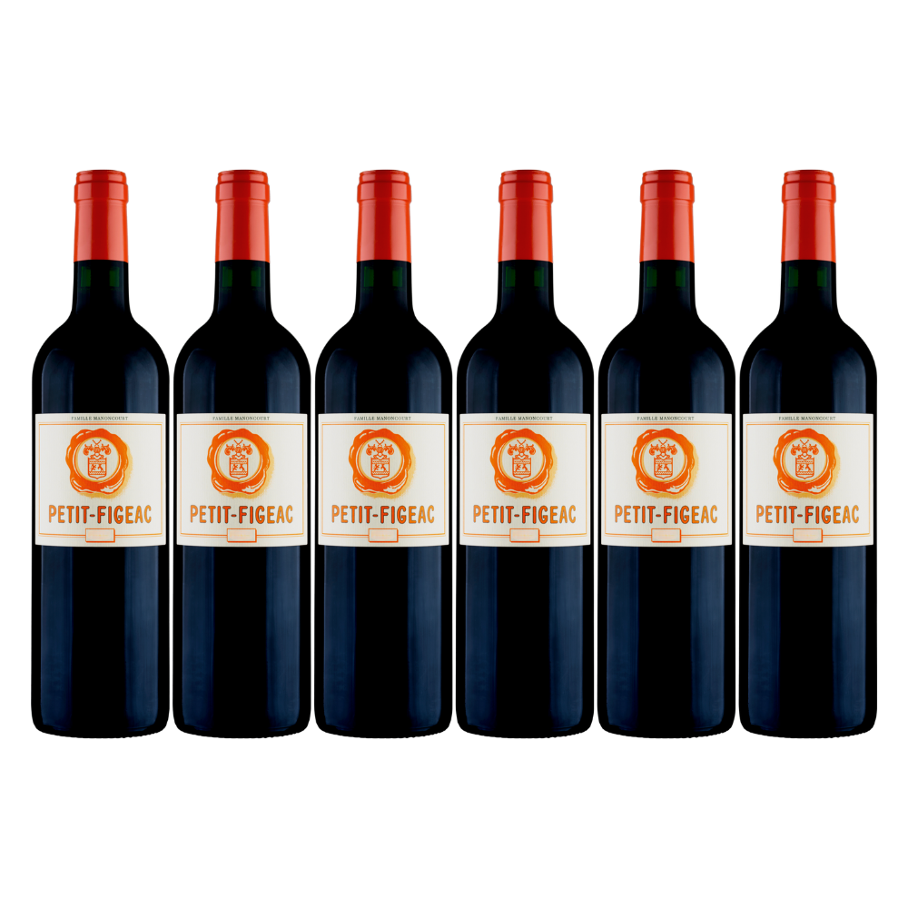 Six bottles of Petit-Figeac wine on a white background
