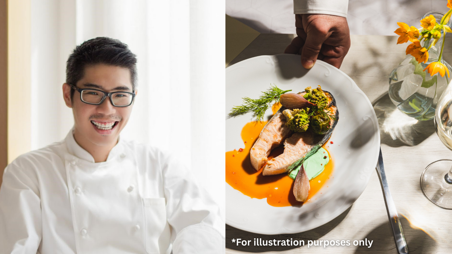 Private Dinner Service - Grand Vin with Chef in a white coat with a plate of food and flowers on a table