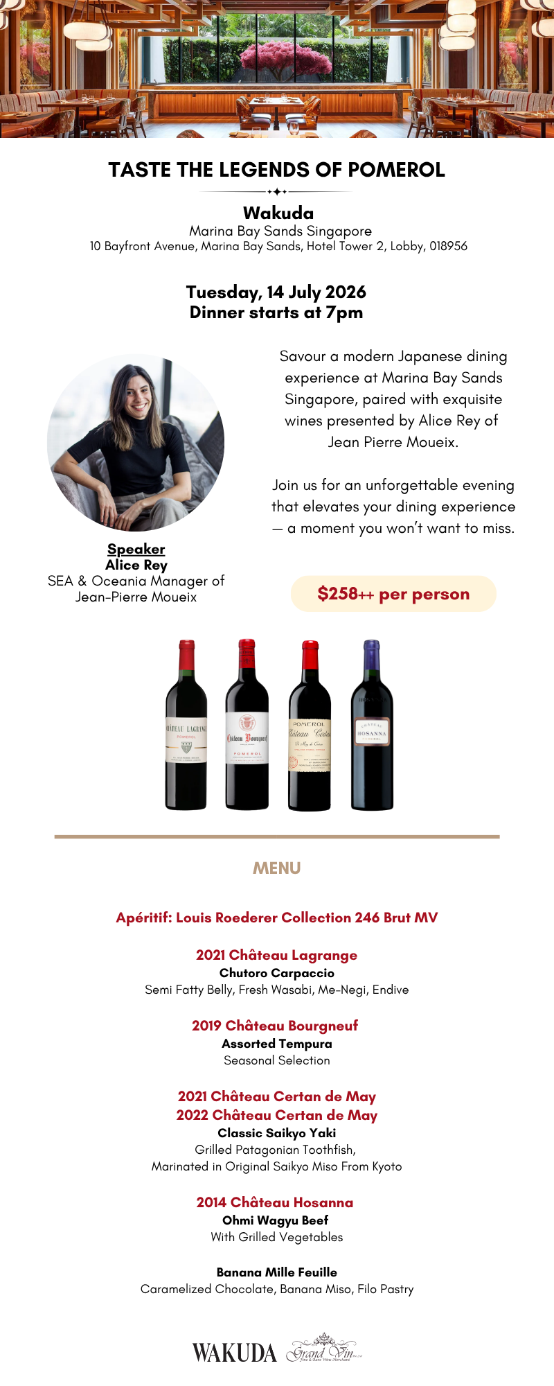 [14 July] Taste the Legends of Pomerol with Alice Rey at Wakuda @ Marina Bay Sands - Grand Vin Pte Ltd