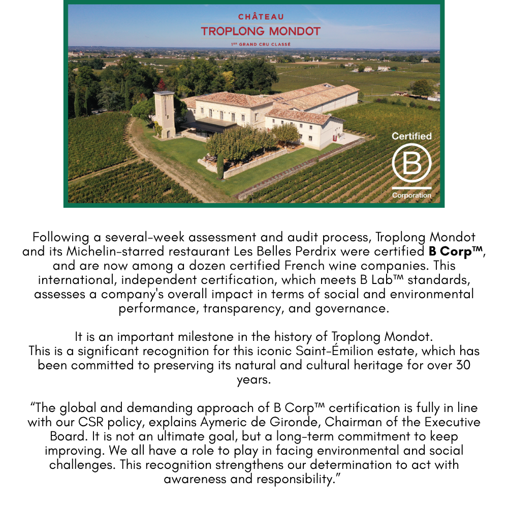 Chateau Troplong Mondot with vineyards and text about B Corp certification.